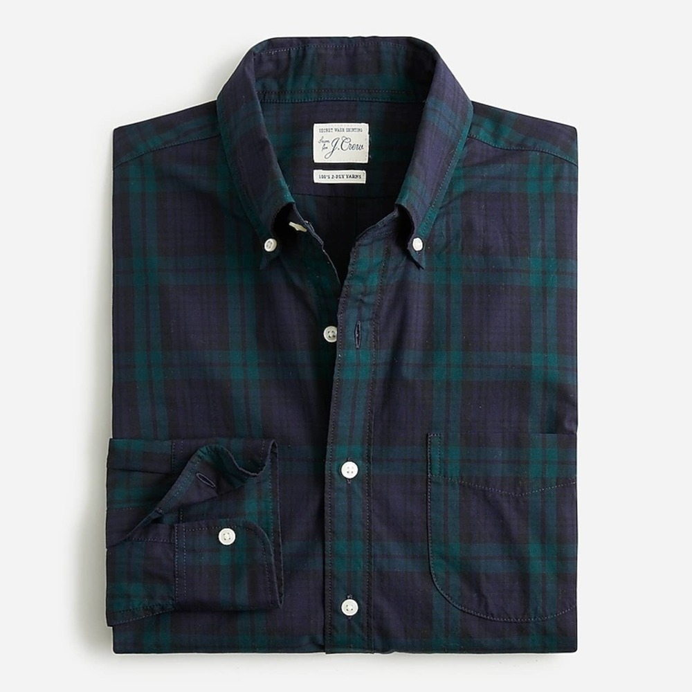 NWT J. Crew Men’s Slim Secret Wash Poplin  in Plaid Green Navy Size Small